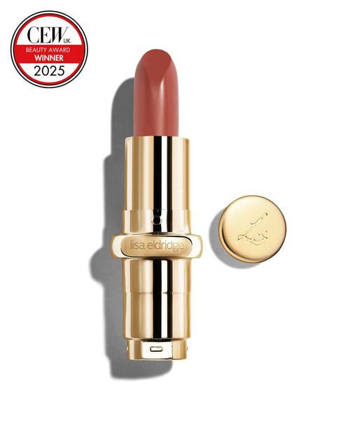 Earthy rose coloured lipstick with gold casing and 'Lisa Eldridge' branding on a white background, featuring a CEW Beauty Award 2025 badge.