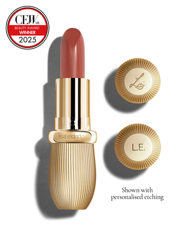 Earthy rose coloured lipstick with gold vintage-style casing and 'Lisa Eldridge' branding on a white background, featuring a CEW Beauty Award 2025 badge.