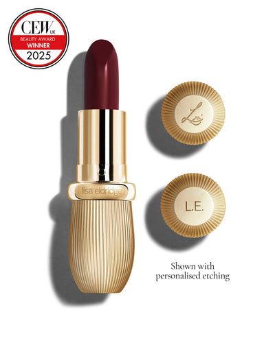 Deep claret coloured lipstick with gold vintage-style casing and 'Lisa Eldridge' branding on a white background, featuring a CEW Beauty Award 2025 badge.