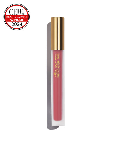 Medium pink liquid lip colour with gold cap on a white background, featuring a CEW Beauty Award Winner 2024 badge.